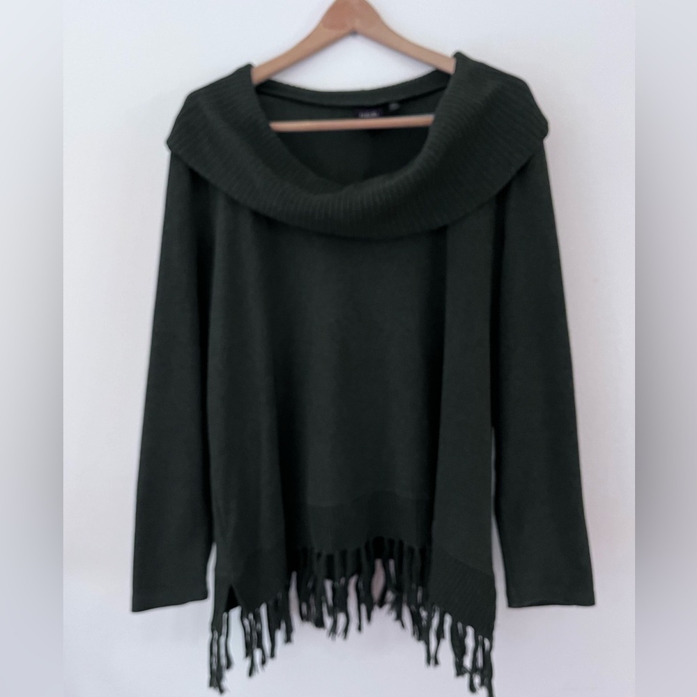 Rafaella Sweater Cowl Neck Green with Fringe Size XL